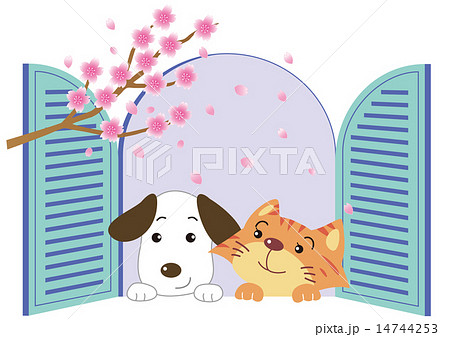 窓辺の桜を見る犬と猫のイラスト素材