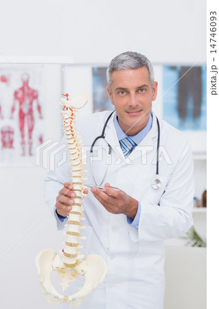 Happy doctor showing anatomical spine Happy doctor showing anatomical spine 14746093