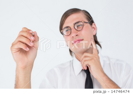 Geeky businessman writing with pen 14746474