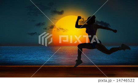 Composite image of fit brunette running and jumping 14746522