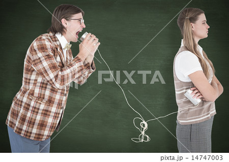 Composite image of geeky hipsters using string phone 14747003
