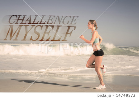 Composite image of fit woman jogging on the beach Composite image of fit woman jogging on the beach 14749572