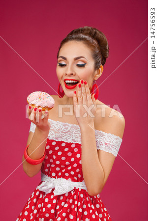 Happy Woman Holding Pink Doughnut. Pin-up retro style. 14756593