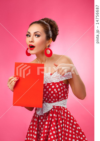 Happy Woman Holding Blank Card. Pin-Up Retro style. Happy Woman Holding Blank Card. Pin-Up Retro style. 14756687