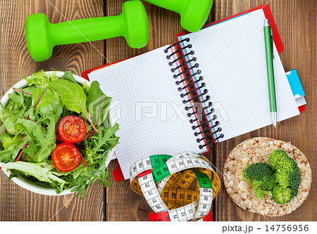 Dumbells, tape measure, healthy food and notepad 14756956
