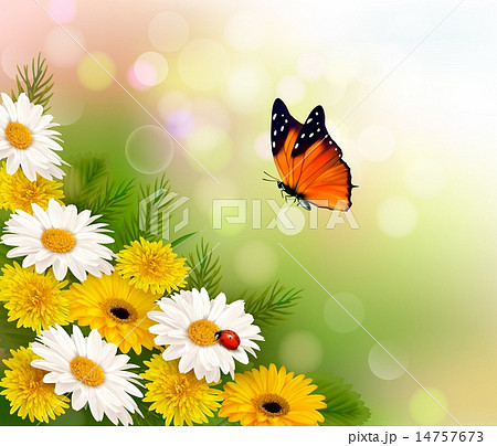Spring background. Flowers and a butterfly. Spring background. Flowers and a butterfly. 14757673
