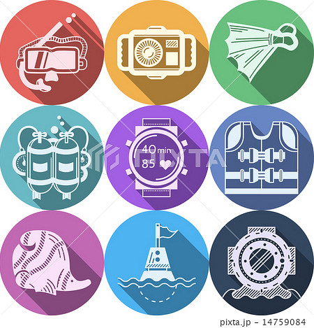Colored flat vector icons for diving 14759084