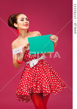 Happy Woman Holding Blank Card. Pin-Up Retro style. Happy Woman Holding Blank Card. Pin-Up Retro style. 14762222