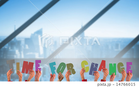 Composite image of hands holding up time for change 14766015