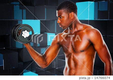 Composite image of serious fit shirtless young man lifting dumbb Composite image of serious fit shirtless young man lifting dumbb 14766074