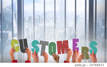 Composite image of hands showing customers Composite image of hands showing customers 14766655
