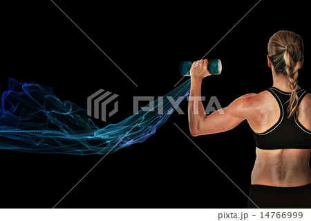 Composite image of female bodybuilder holding a blue dumbbell 14766999