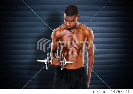 Composite image of serious fit shirtless young man lifting dumbb 14767471