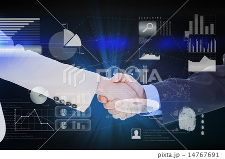 Composite image of smiling business people shaking hands while l 14767691