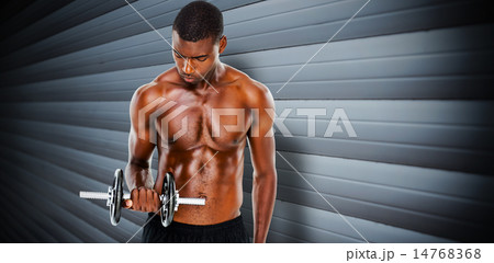 Composite image of serious fit shirtless young man lifting dumbb 14768368