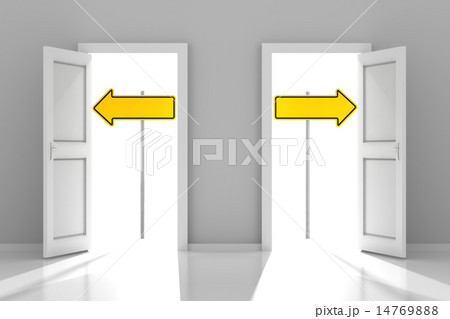 Two doors with directional road signs and copyspace 14769888