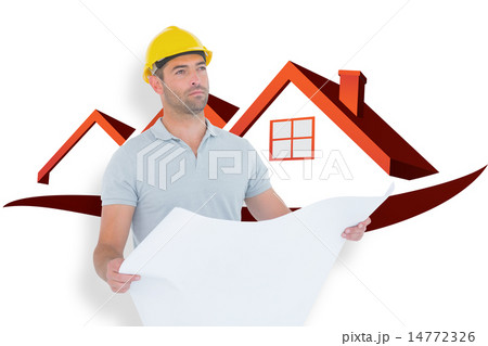 Composite image of thoughtful male architect holding blueprint Composite image of thoughtful male architect holding blueprint 14772326
