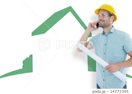 Composite image of male architect with blueprint talking on mobile phone Composite image of male architect with blueprint talking on mobile phone 14772395