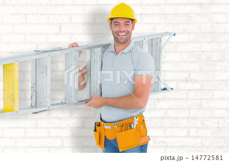 Composite image of portrait of smiling repairman carrying ladder 14772581