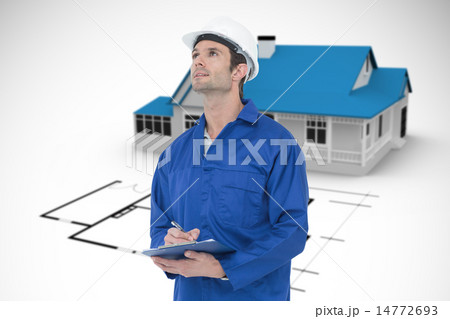 Composite image of supervisor writing notes on clip board Composite image of supervisor writing notes on clip board 14772693