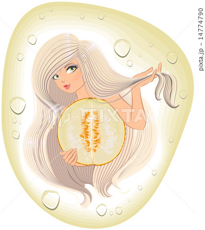 Blonde with long hair holding a cut melon 14774790