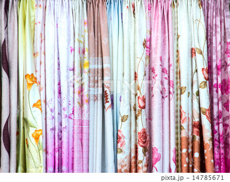 Colorful curtain samples hanging display inshop 14785671