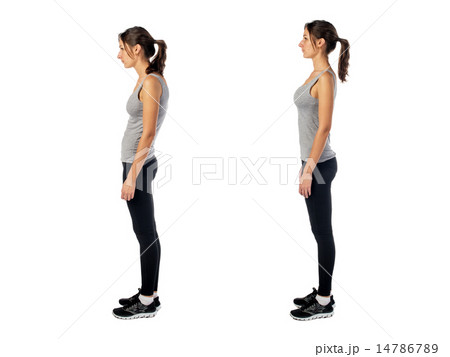 Woman with impaired posture position defect scoliosis and ideal bearing 14786789