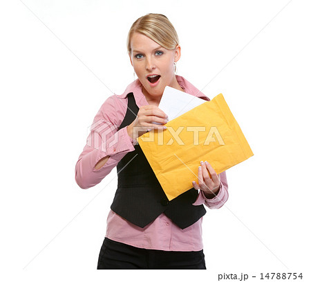 Surprised woman opening letter 14788754