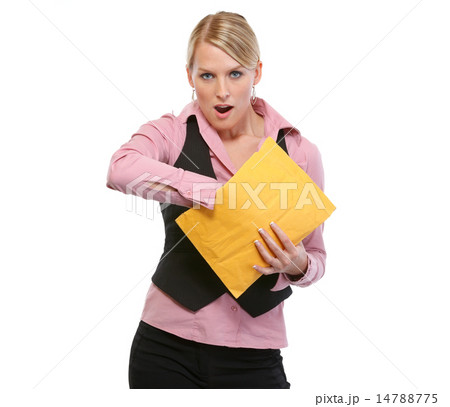 Surprised woman opening package Surprised woman opening package 14788775