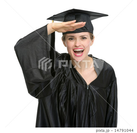 Graduation woman with hand near forehead looking into camera iso 14791044