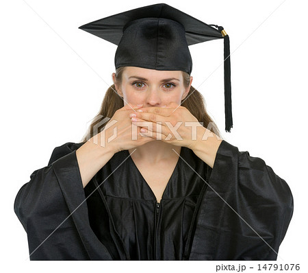 Graduation student girl making speak no evil gesture Graduation student girl making speak no evil gesture 14791076