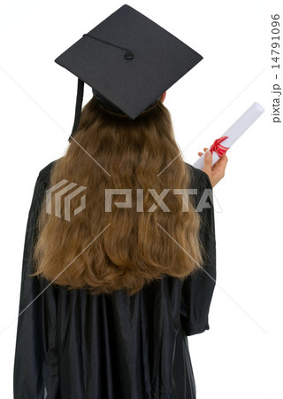Graduation female student with diploma standing back 14791096