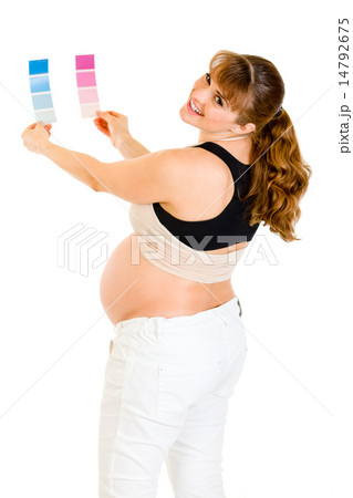 Smiling pregnant woman holding color paint samples. Smiling pregnant woman holding color paint samples. 14792675