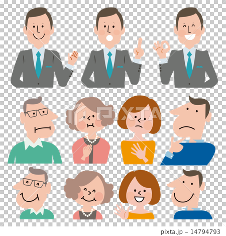 スマートなスーツの男性と老若男女4人の表情 14794793