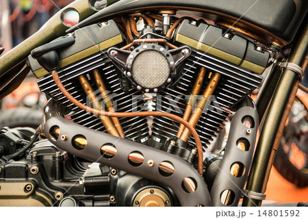 Close up view of a custom motorcycle engine Close up view of a custom motorcycle engine 14801592