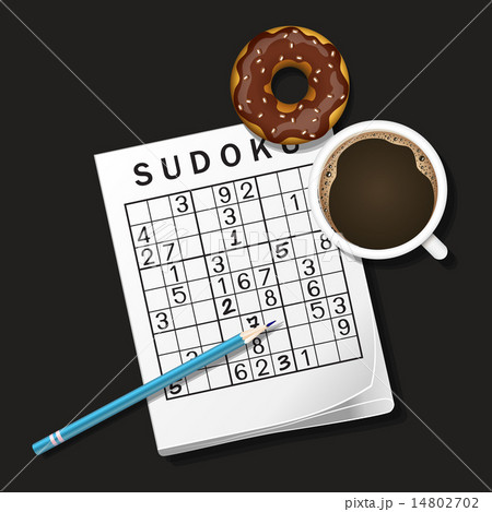 Sudoku game, mug of coffee and chocolate donut Sudoku game, mug of coffee and chocolate donut 14802702
