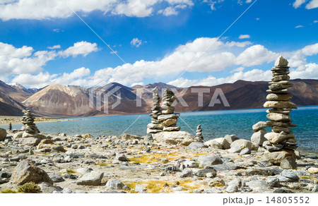 Pangong Tso mountain lake and buddhist symbols 14805552
