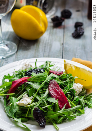 salad of arugula with beets, goat cheese, prunes 14815638