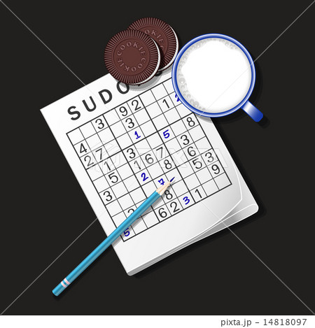 Sudoku game, mug of milk and chocolate cookies Sudoku game, mug of milk and chocolate cookies 14818097