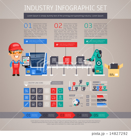 Industry Infographic Set with Factory Conveyor and Robot Arm Industry Infographic Set with Factory Conveyor and Robot Arm 14827292