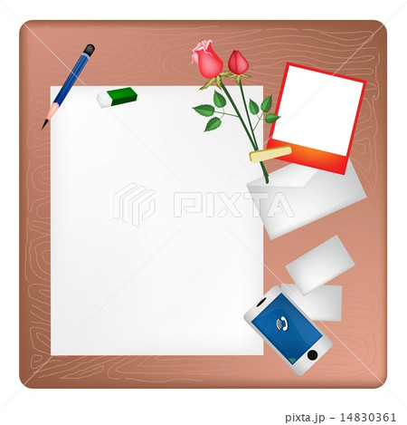 Pencil and Red Rose on A Blank Page with Envelope 14830361