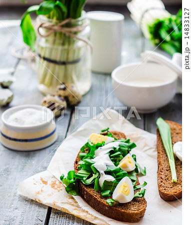 bread with wild garlic, sour cream and quail eggs 14833127