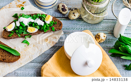 bread with wild garlic, sour cream and quail eggs bread with wild garlic, sour cream and quail eggs 14833138
