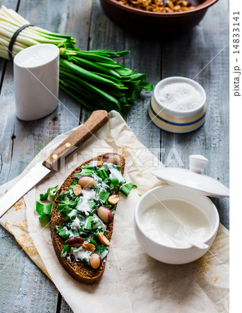 bread with wild garlic, sour cream and quail eggs bread with wild garlic, sour cream and quail eggs 14833141