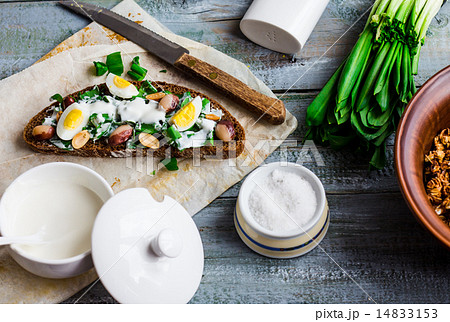 bread with wild garlic, sour cream and quail eggs bread with wild garlic, sour cream and quail eggs 14833153