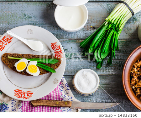 bread with wild garlic, sour cream and quail eggs bread with wild garlic, sour cream and quail eggs 14833160