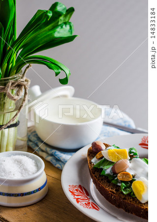 leek with quail eggs and sour cream on rye bread leek with quail eggs and sour cream on rye bread 14833184