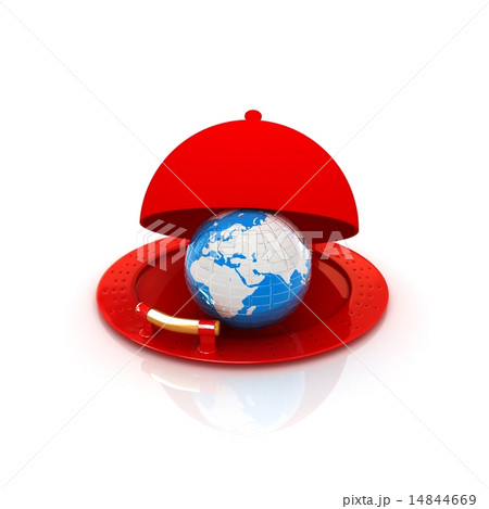 Earth globe on glossy silver dish under food cover Earth globe on glossy silver dish under food cover 14844669