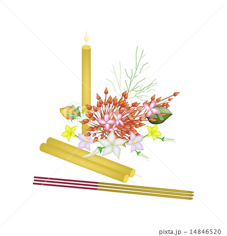 Red Ixora Flowers with Joss Sticks and Candle 14846520