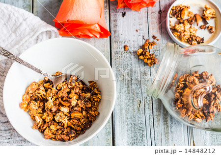 granola with nuts and dried fruits, flowers granola with nuts and dried fruits, flowers 14848212
